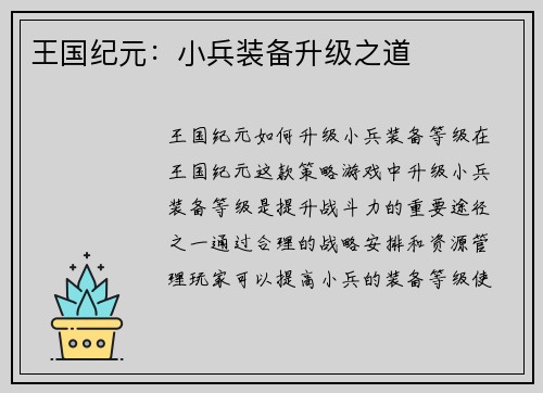 王国纪元：小兵装备升级之道
